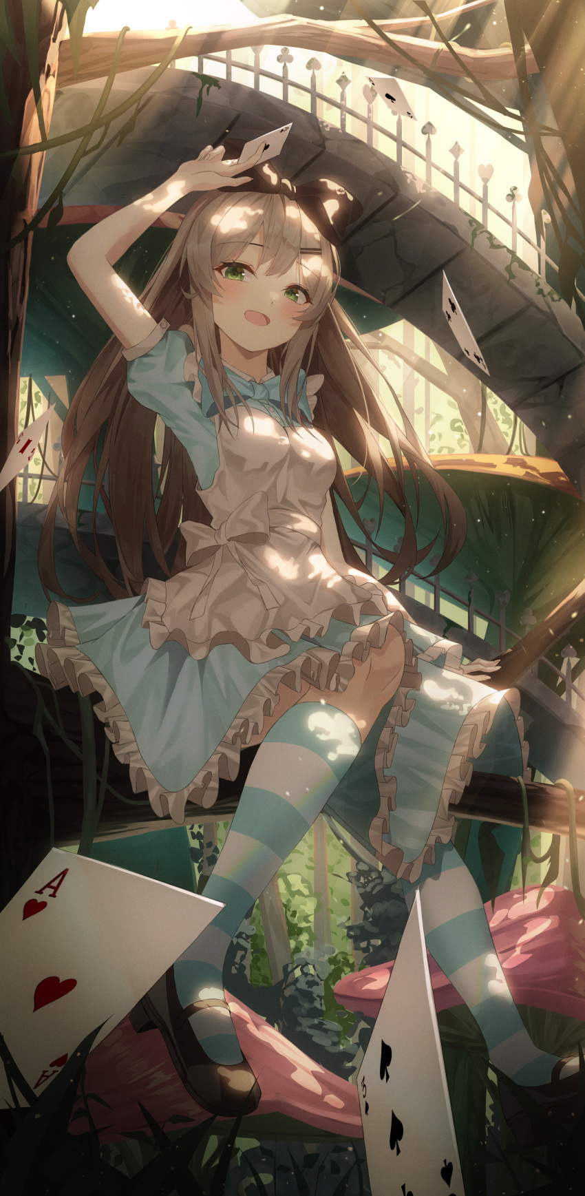 1girl absurdres alice_(alice_in_wonderland) alice_(alice_in_wonderland)_(cosplay) alice_in_wonderland apron black_bow blue_bow blue_dress blush bow branch brown_hair card club_(shape) cosplay diamond_(shape) dress frilled_dress frills green_eyes hair_bow hair_ornament hairclip heart highres k.j. kneehighs long_hair looking_at_viewer mary_janes open_mouth playing_card puffy_short_sleeves puffy_sleeves railing ruins shoes short_sleeves sitting smile solo spade_(shape) striped striped_legwear viichan virtual_youtuber white_apron white_bow