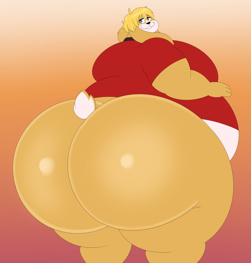 absurd_res anthro big_butt blonde_hair blue_eyes bottomless butt clothed clothing eli_(shabadablue) fur hair hi_res lagomorph leporid looking_at_viewer male mammal megacoolbear_(artist) overweight overweight_male rabbit solo tan_body tan_fur white_body white_fur