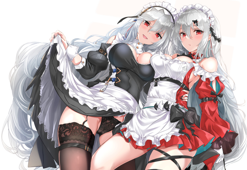 2girls alternate_costume apron arknights arm_strap bangs bare_shoulders black_dress black_legwear black_nails black_panties blush breasts closed_mouth commentary_request cowboy_shot dress fatkewell garter_straps gloves grey_hair hair_between_eyes hair_ornament hairclip highres long_hair long_sleeves looking_at_viewer maid maid_apron maid_headdress multiple_girls open_mouth orca_hair_ornament panties red_dress red_eyes short_dress simple_background skadi_(arknights) skadi_the_corrupting_heart_(arknights) smile specter_(arknights) specter_the_unchained_(arknights) thigh_strap thighhighs underwear very_long_hair white_background white_gloves