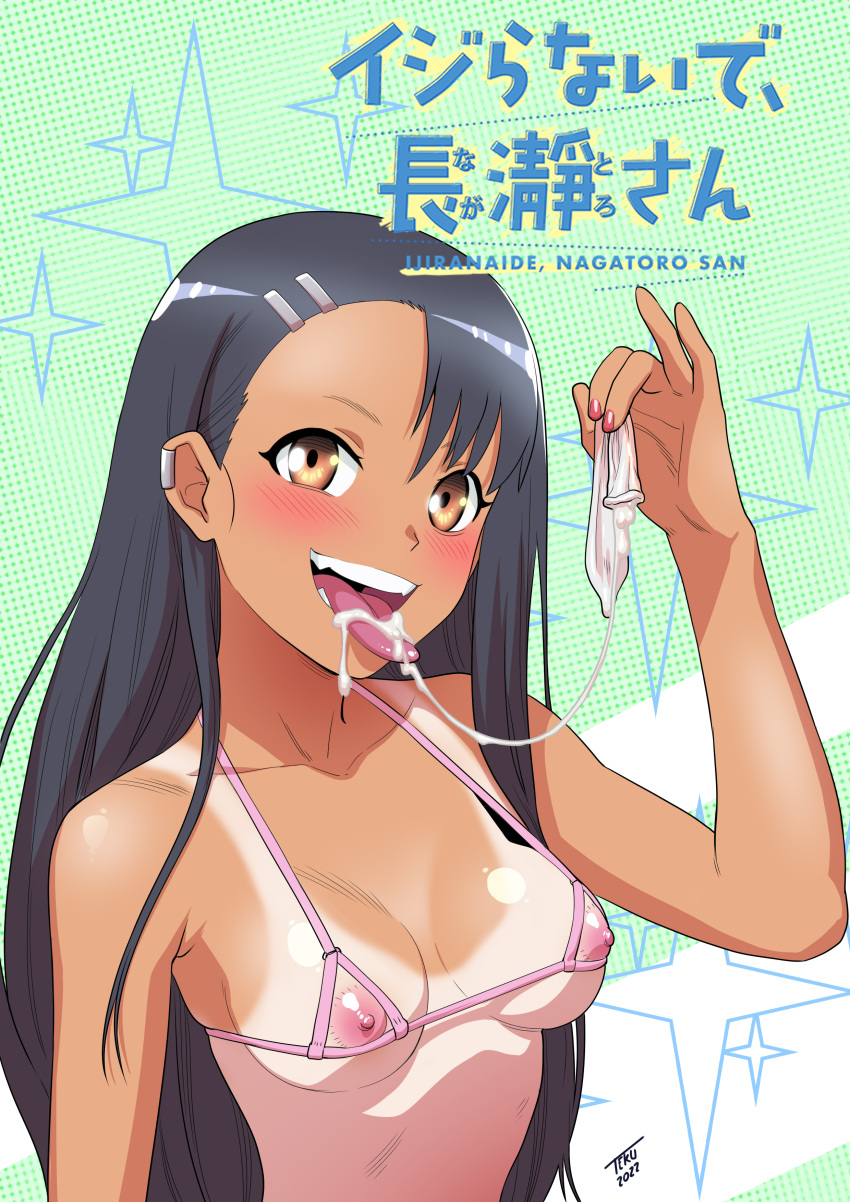 1girl 2022 absurdres after_sex bikini black_hair blush breasts brown_eyes condom cum cum_in_mouth cum_on_tongue cum_string dark-skinned_female dark_skin earclip english_commentary fingernails hair_ornament hairclip highres holding holding_condom ijiranaide_nagatoro-san long_hair looking_at_viewer micro_bikini nagatoro_hayase nail_polish naughty_face nippleless_clothes nipples one-piece_tan pink_bikini red_nails revision signature small_breasts solo sparkle_background strap_gap string_bikini swimsuit tan tanlines teeth tekuho_no_habo uncensored used_condom very_long_hair