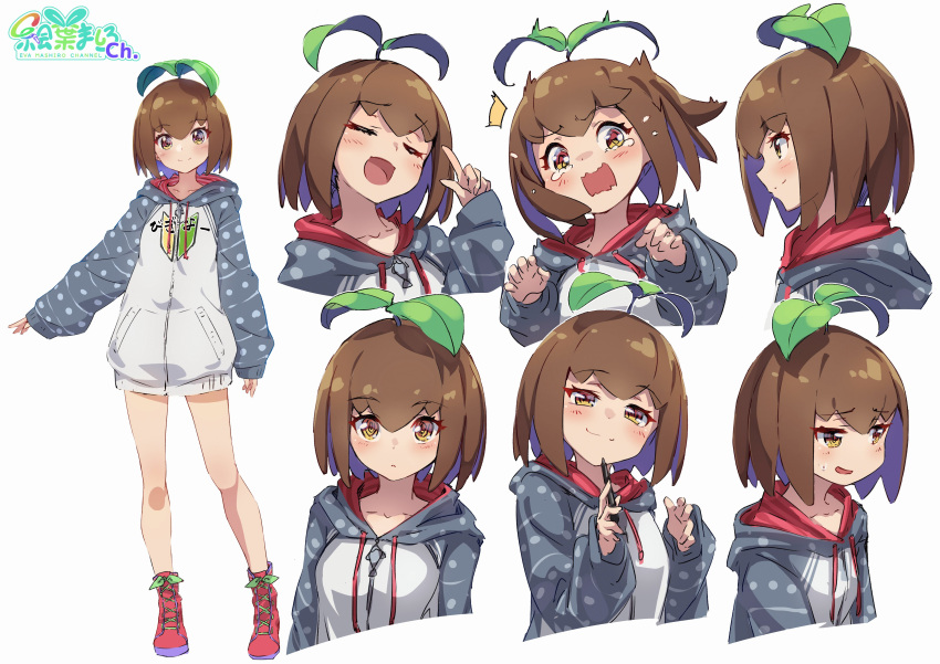 1girl absurdres bangs blush boots breasts brown_hair character_sheet closed_eyes eva_mashiro eva_mashiro_(vtuber) expressions grey_jacket highres holding holding_stylus hood hooded_jacket index_finger_raised indie_virtual_youtuber jacket lace-trimmed_boots lace_trim long_sleeves multiple_views red_footwear short_hair shoshinsha_mark small_breasts smile smug sprout_on_head startled stylus sweatdrop tearing_up yellow_eyes