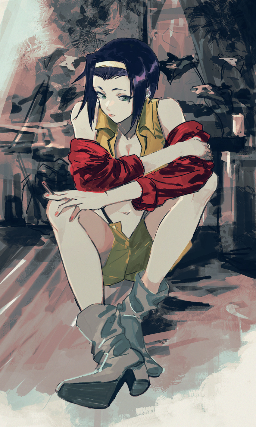 1girl cowboy_bebop faye_valentine green_eyes hairband highres navel on_floor purple_hair qqau47t9k shorts sitting solo white_footwear yellow_shorts