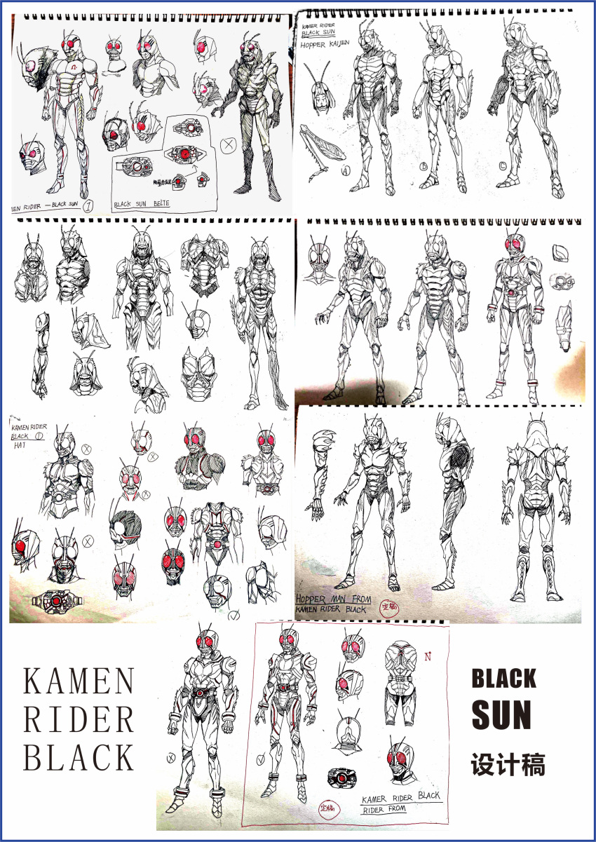 1boy absurdres antennae arm_blade armor belt black_skin colored_skin fingernails garoshirou glowing glowing_eyes greyscale highres kamen_rider kamen_rider_black kamen_rider_black_(series) kamen_rider_black_sun kamen_rider_black_sun_(character) kingstone looking_at_viewer male_focus monochrome namesake orange_armor organic red_eyes rider_belt sharp_fingernails solo weapon