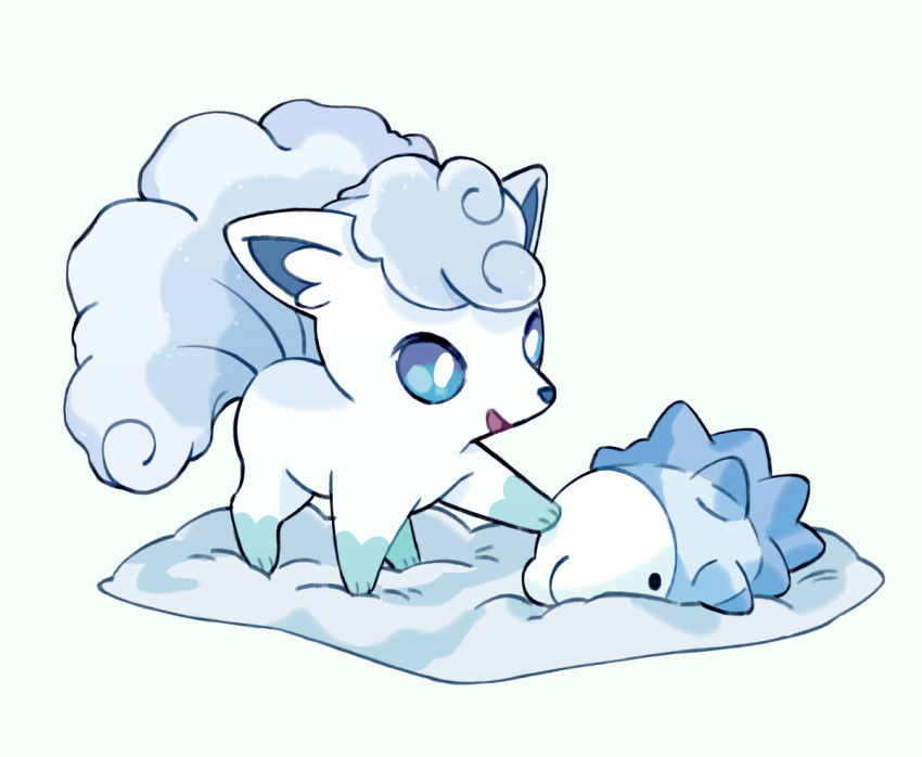 alolan_vulpix blue_eyes commentary english_commentary full_body looking_at_another mjoyart no_humans open_mouth pokemon pokemon_(creature) poking simple_background snom snow standing vulpix white_background