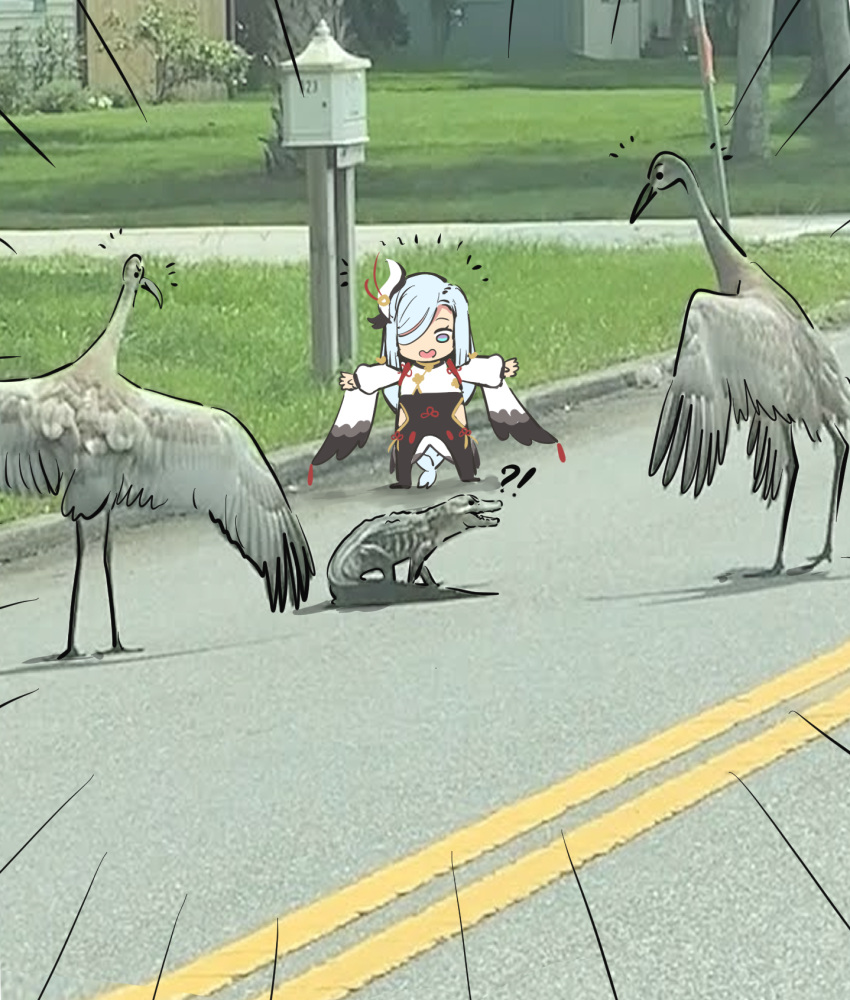 1girl alligator bangs bird black_bodysuit bodysuit chibi commentary_request crane_(animal) crocodilian detached_sleeves eyebrows_visible_through_hair full_body genshin_impact grass grey_eyes grey_hair hair_ornament hair_over_one_eye highres lamppost long_hair long_sleeves looking_at_another ooyun outstretched_arms photo_background road shenhe_(genshin_impact) sidelocks spread_arms standing tree twitter_username wide_sleeves