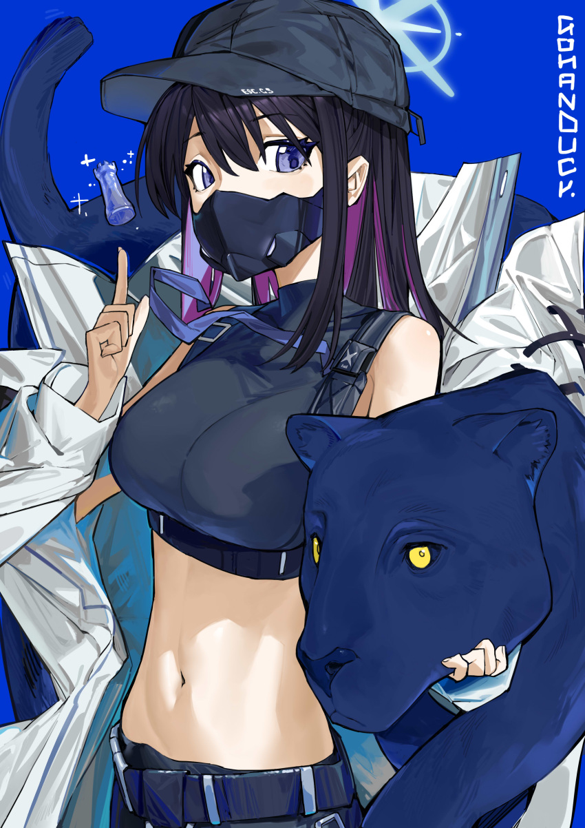 1girl absurdres bare_shoulders baseball_cap black_hair black_headwear black_shirt blue_archive blue_background blue_eyes breasts commentary crop_top gohanduck hand_up hat highres index_finger_raised large_breasts long_hair long_sleeves looking_at_viewer mask midriff mouth_mask multicolored_hair navel purple_hair saori_(blue_archive) shirt sleeveless sleeveless_shirt solo stomach upper_body