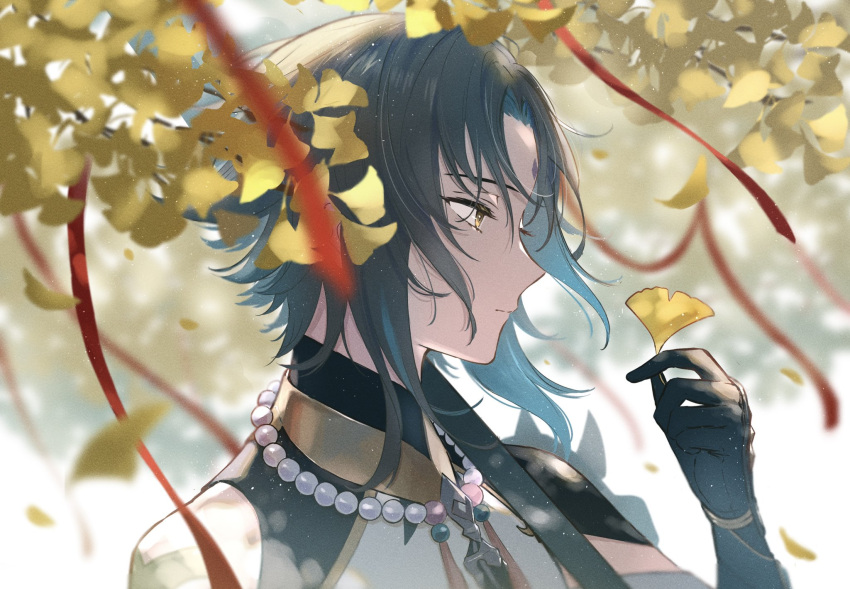 1boy arm_tattoo bangs bead_necklace beads black_hair blue_hair closed_mouth facial_mark forehead_mark from_side genshin_impact gloves gradient_hair highres holding holding_leaf jewelry leaf male_focus mskmmti multicolored_hair necklace solo tassel tattoo tree upper_body xiao_(genshin_impact) yellow_eyes