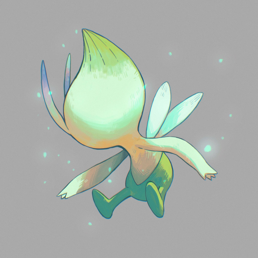 1other antennae brown_background celebi colored_skin commentary facing_away fairy fairy_wings full_body green_skin highres light_particles multicolored_skin other_focus pokemon pokemon_(creature) simple_background solo two-tone_skin white_wings wings wulie_errr