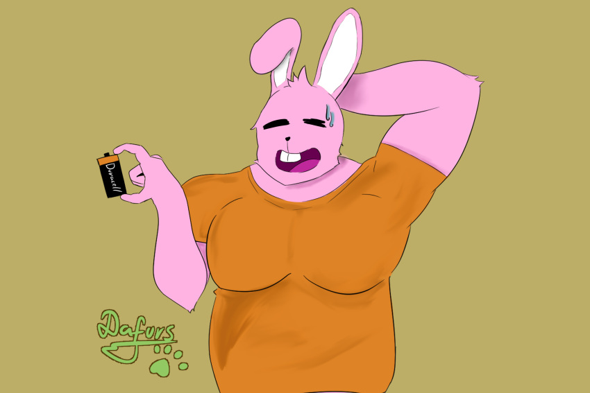 battery bodily_fluids clothed clothing dafurs duracell duracell_bunny eyes_closed fur hand_behind_head hi_res lagomorph leporid male male/male mammal moobs pink_body pink_fur rabbit short_fur simple_background slightly_chubby solo sweat sweatdrop
