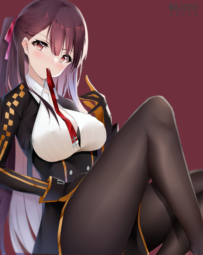 1girl absurdres arm_up bangs black_gloves black_jacket black_legwear black_skirt blush braid breasts character_name eyebrows_visible_through_hair girls'_frontline gloves hand_on_thighs highres jacket long_hair long_sleeves looking_at_viewer medium_breasts mouth_hold open_clothes open_jacket pantyhose pink_ribbon purple_hair red_background red_eyes red_ribbon ribbon shirt side_ponytail sitting skirt solo thighs wa2000_(girls'_frontline) white_shirt yanwulazy
