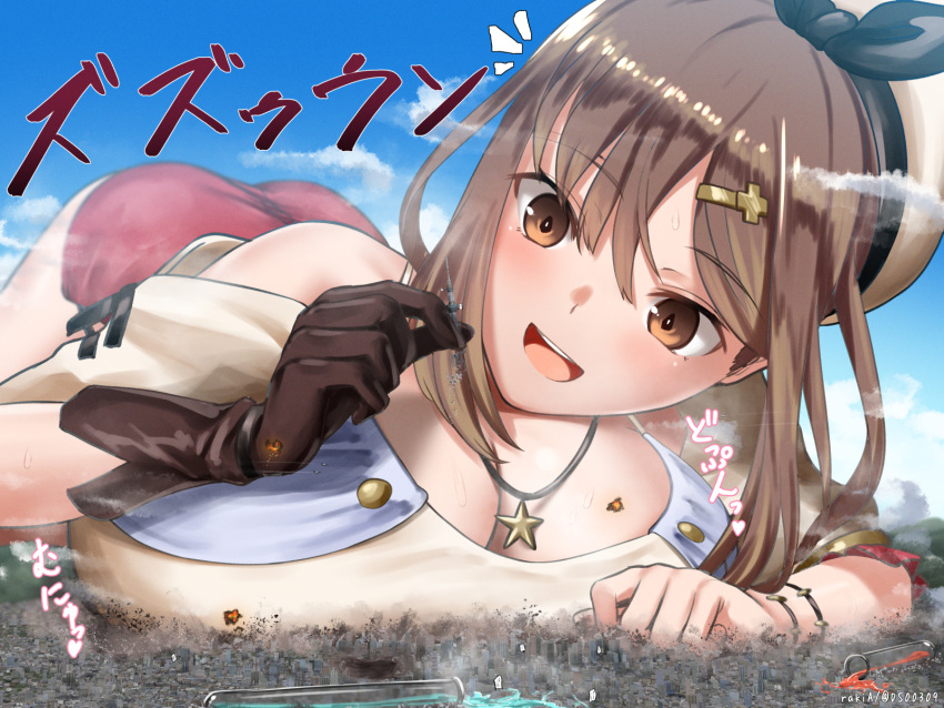 1girl atelier_(series) atelier_ryza atelier_ryza_2 blush breasts brown_eyes brown_hair city cleavage destruction giant giantess gloves hair_ornament hairclip highres jewelry large_breasts lying necklace on_stomach open_mouth outdoors rakia_(ds00309) red_shorts reisalin_stout shorts single_glove solo star_(symbol) star_necklace tokyo_sky_tree white_headwear