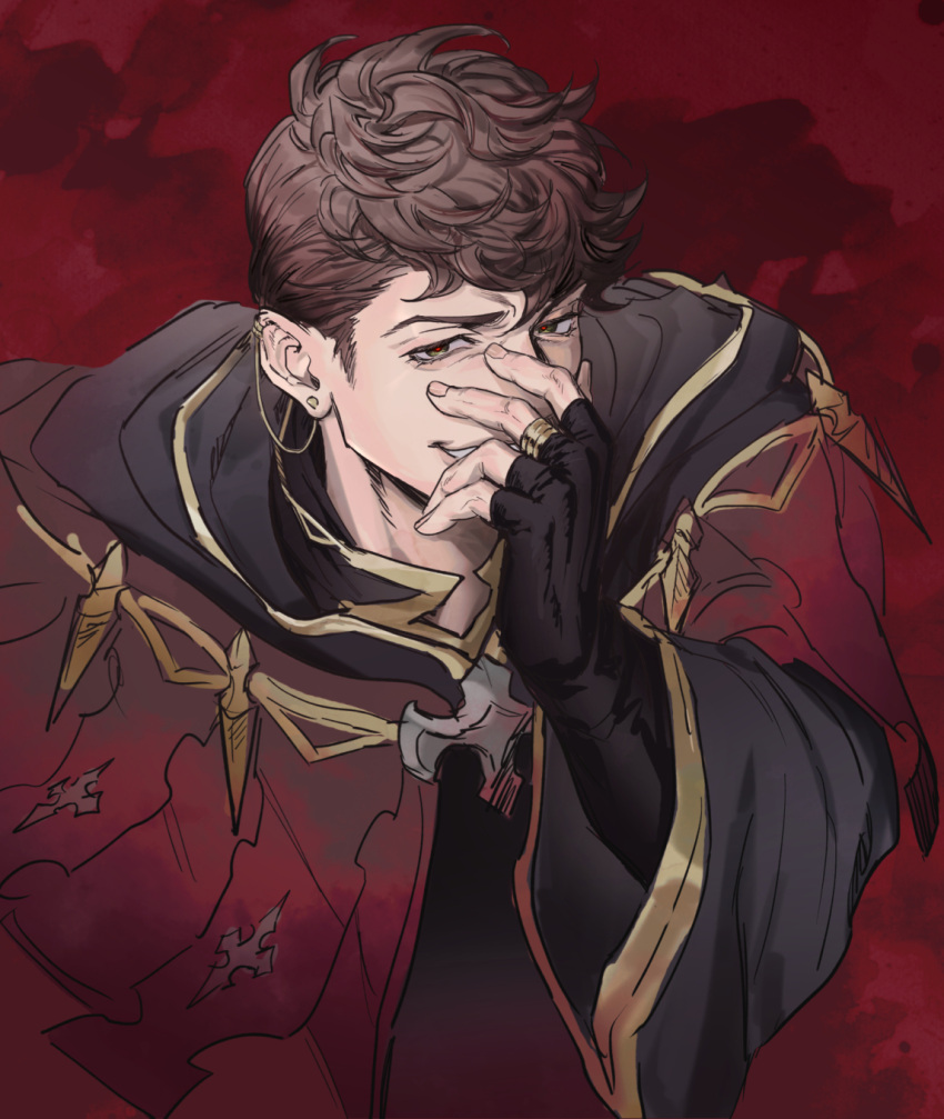 1boy black_cape black_gloves bpadult brown_eyes brown_hair cape ear_piercing earrings evil_smile fingerless_gloves gloves granblue_fantasy hand_on_own_face highres jewelry lobelia_(granblue_fantasy) looking_at_viewer male_focus piercing ring robe short_hair sideburns smile solo upper_body