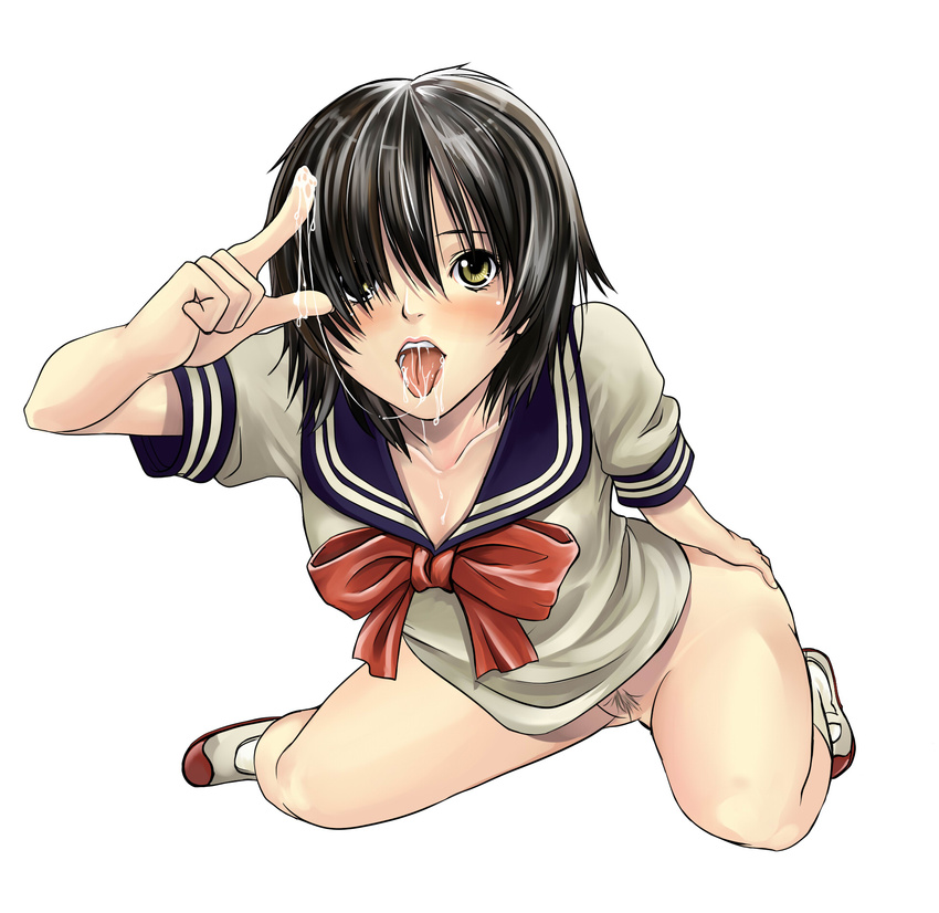 black_hair blush bottomless highres nazo_no_kanojo_x no_panties pubic_hair saliva school_uniform solo tonbo urabe_mikoto yellow_eyes