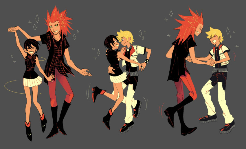 1girl 2boys alternate_costume arm_around_waist black_hair dancing eye_contact eyes_closed ginkoseed grey_background hand_holding highres jacket kingdom_hearts kingdom_hearts_iii lea_(kingdom_hearts) looking_at_another multiple_boys open_mouth red_hair roxas short_hair skirt sleeveless smile spiked_hair spoilers xion_(kingdom_hearts)