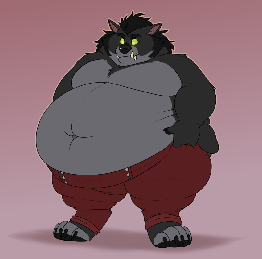 annoyed anthro barefoot belly belly_overhang big_belly big_butt black_fur black_hair blizzard_entertainment butt canid canine claws clothed clothing fur green_eyes grey_fur hair love_handles male mammal moobs navel obese obese_male overweight overweight_male pink_background shikakaka simple_background solo standing teeth thick_thighs toe_claws topless video_games warcraft were werecanid werecanine werewolf wide_hips worgen