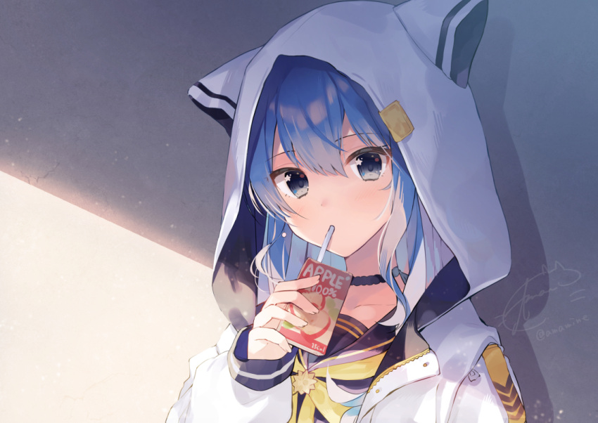 1girl amamine animal_ears animal_hood bangs black_choker black_sailor_collar black_shirt blue_eyes blue_hair bow choker collarbone commentary_request drinking_straw eyebrows_visible_through_hair fake_animal_ears hair_between_eyes hand_up holding hololive hood hood_up hooded_jacket hoshimachi_suisei jacket long_sleeves puffy_long_sleeves puffy_sleeves sailor_collar school_uniform serafuku shirt signature sleeves_past_wrists solo star_(symbol) star_in_eye symbol_in_eye twitter_username upper_body white_jacket yellow_bow