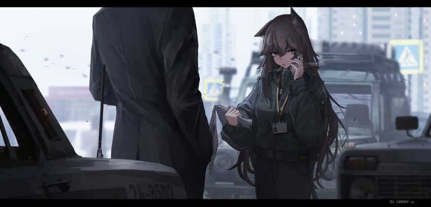 1girl animal_ears black_pants brown_hair building car cellphone cigarette daria_(haguruma_c) green_jacket ground_vehicle haguruma_c highres holding holding_phone id_card jacket long_hair mercedes-benz_g-class motor_vehicle orange_eyes original outdoors pants phone police_car puffy_sleeves road_sign sign smoking sports_utility_vehicle very_long_hair