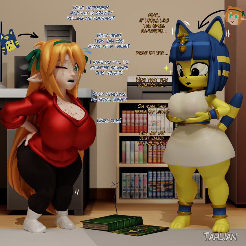 2020 3d_(artwork) accessory animal_crossing ankha_(animal_crossing) anthro artist_name big_breasts blender_(software) blue_hair body_swap breasts cleavage clothed clothing curvy_figure detailed_background dialogue digital_media_(artwork) domestic_cat dress duo elf english_text feet felicia_(tahlian) felid feline felis female footwear freckles freckles_on_breasts fur hair hair_accessory hair_bow hair_ribbon hi_res holding_breast hourglass_figure huge_breasts humanoid humanoid_pointy_ears light-skinned_female light_body light_skin long_hair mammal nintendo one_eye_closed orange_hair ribbons short_stack simple_eyes socks sweater tahlian teal_eyes text thick_thighs toes topwear video_games voluptuous watermark wide_hips yellow_body yellow_fur