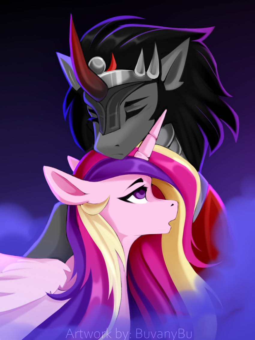 absurd_res black_mane buvanybu crown duo equid equine eyebrows eyes_closed female feral friendship_is_magic fur grey_body grey_fur hasbro hi_res horn king_sombra_(mlp) looking_up male mammal mane multicolored_mane my_little_pony pink_body pink_fur princess_cadance_(mlp) purple_eyes unicorn winged_unicorn wings