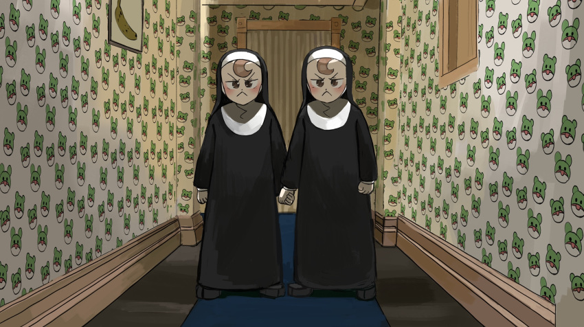 &gt;:( 2girls :&lt; animal_print black_footwear blue_carpet blush brown_eyes brown_hair catholic clone diva_(hyxpk) frog_print froggy_nun_(diva) grady_sisters_(the_shining) habit hallway highres holding_hands little_nuns_(diva) looking_at_viewer multiple_girls nun parody symbol-only_commentary the_shining v-shaped_eyebrows wallpaper_(object)