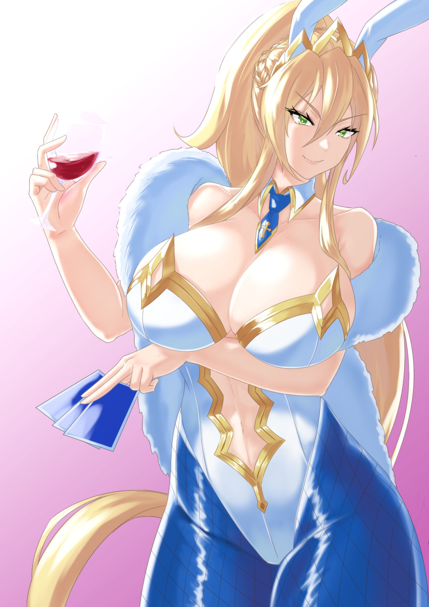 1girl absurdres alcohol animal_ears arm_under_breasts artoria_pendragon_(fate) artoria_pendragon_(lancer)_(fate) artoria_pendragon_(swimsuit_ruler)_(fate) blonde_hair blue_legwear blue_necktie braid breast_hold breasts card cleavage closed_mouth clothing_cutout cup detached_collar drinking_glass fate/grand_order fate_(series) feather_boa fishnet_legwear fishnets french_braid green_eyes highleg highleg_leotard highres holding holding_cup large_breasts leotard long_hair looking_at_viewer navel_cutout necktie playboy_bunny playing_card ponytail rabbit_ears short_necktie solo the_flying_toaster tiara white_leotard wine wine_glass wrist_cuffs