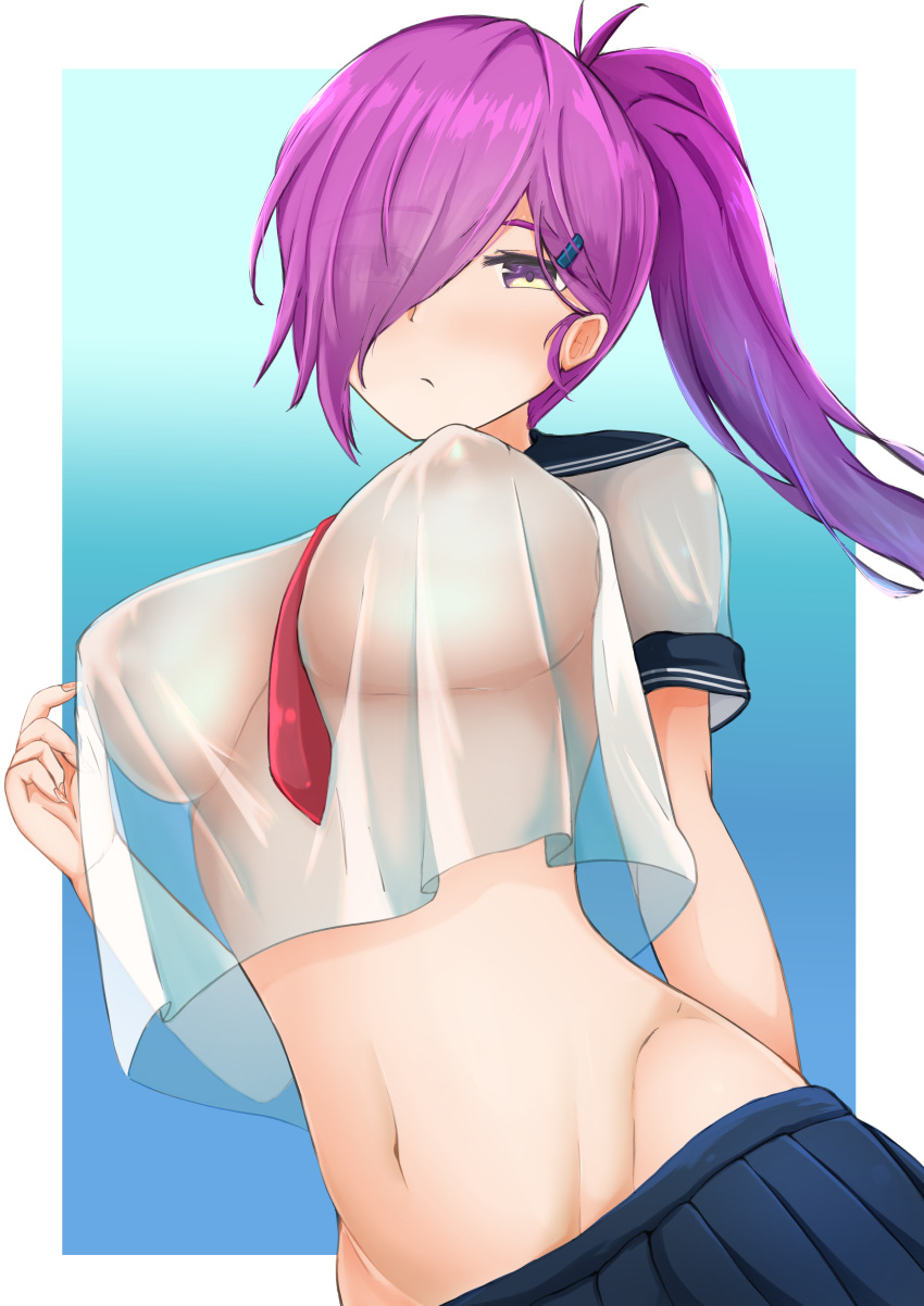 1girl absurdres azur_lane black_sailor_collar blue_background blue_skirt breasts breasts_apart crop_top cropped_shirt dutch_angle eyebrows_visible_through_hair eyes_visible_through_hair from_below gradient gradient_background hair_over_one_eye high_ponytail highres large_breasts long_hair looking_at_viewer looking_down midriff navel neckerchief no_panties official_alternate_costume puffy_nipples purple_hair red_neckerchief sailor_collar sakari_(mowangji) see-through see-through_shirt short_sleeves simple_background skirt solo trieste_(azur_lane) trieste_(rooftop_lunch_break)_(azur_lane) upper_body yellow_eyes