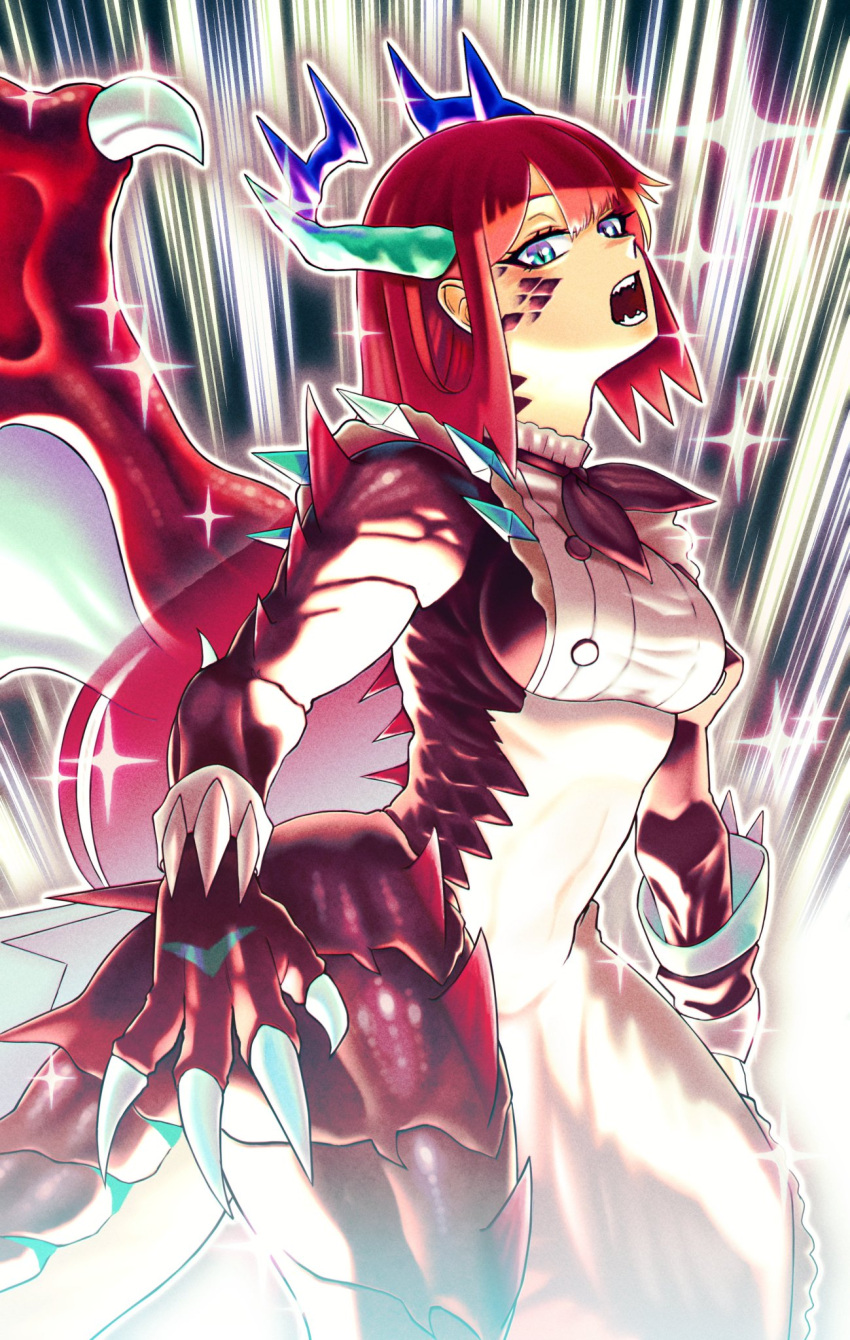 1girl apron bangs blue_eyes breasts brown_dress brown_neckerchief claws commentary_request cowboy_shot dragon_girl dragon_horns dragon_tail dragon_wings dress duel_monster emphasis_lines fangs green_horns highres horns kitchen_dragonmaid long_hair long_sleeves looking_at_viewer maid maid_apron medium_breasts neckerchief open_mouth puffy_long_sleeves puffy_sleeves red_hair scales shoulder_spikes sidelocks solo sparkle spikes standing tail teeth transformation white_apron wings yu-gi-oh! zidai_okuraven