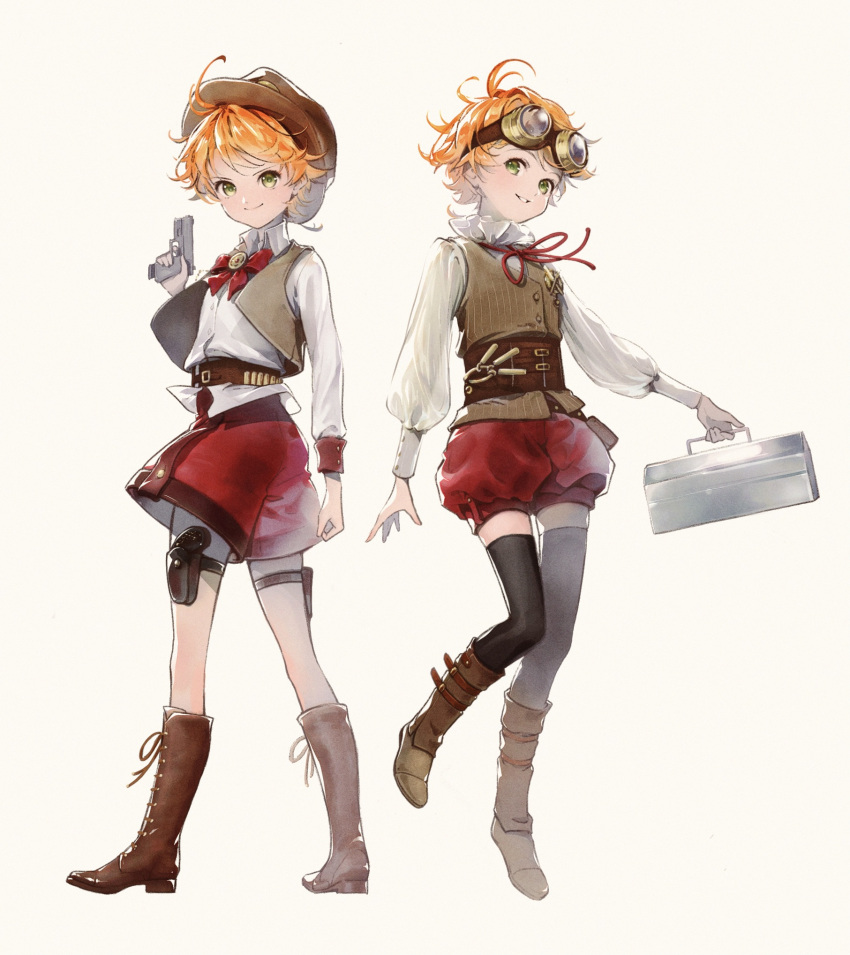 2girls awarin black_legwear bow bowtie brown_footwear brown_vest closed_mouth collared_shirt dress_shirt emma_(yakusoku_no_neverland) full_body goggles goggles_on_head green_eyes grin gun handgun highres holding holding_gun holding_weapon holster long_hair long_sleeves looking_at_viewer multiple_girls neck_ribbon orange_hair red_bow red_bowtie red_ribbon red_shorts ribbon shiny shiny_hair shirt short_hair short_shorts shorts simple_background smile standing striped striped_vest thigh_holster thighhighs underbust vertical-striped_vest vertical_stripes vest weapon white_background white_shirt wing_collar yakusoku_no_neverland zettai_ryouiki