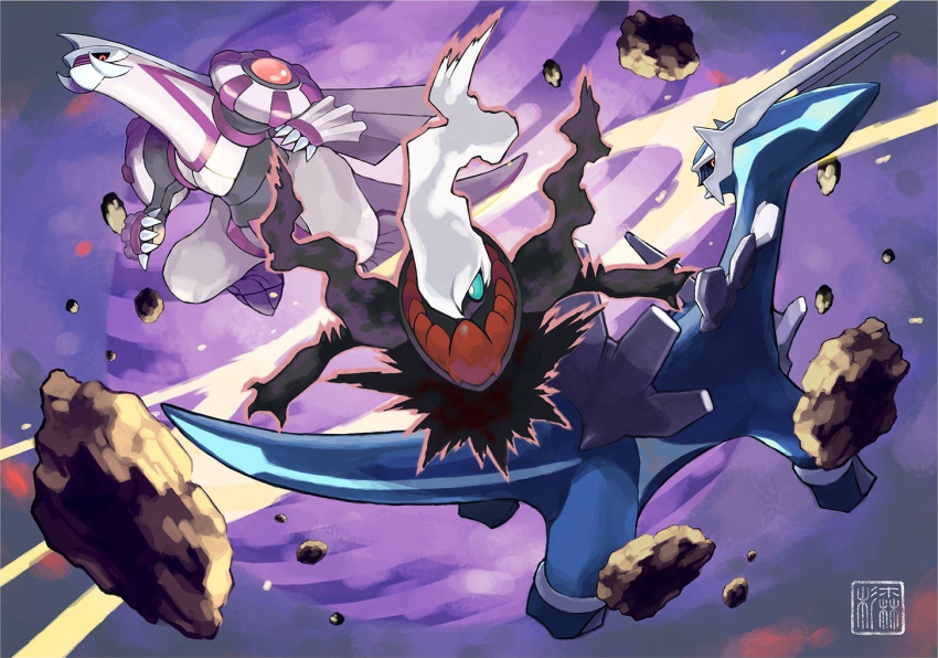 2007 ambiguous_gender anthro bioluminescence black_body blue_body blue_eyes claws darkrai dialga feral finger_claws floating flying gem glowing grey_body group ken_sugimori legendary_pok&eacute;mon looking_at_viewer looking_back nintendo official_art palkia pink_body pok&eacute;mon pok&eacute;mon_(species) purple_body red_body red_eyes rock signature trio video_games white_body