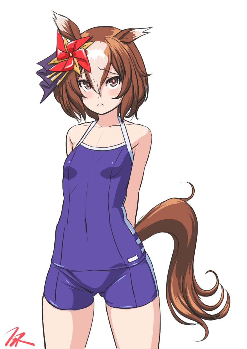 1girl animal_ears arms_behind_back ass_visible_through_thighs blue_swimsuit breasts brown_eyes brown_hair collarbone competition_school_swimsuit cowboy_shot frown hair_between_eyes hair_ornament highres horse_ears horse_girl horse_tail looking_at_viewer multicolored_hair pinwheel_hair_ornament school_swimsuit short_hair simple_background small_breasts solo standing swimsuit t2r tail two-tone_hair umamusume white_background white_hair yaeno_muteki_(umamusume)