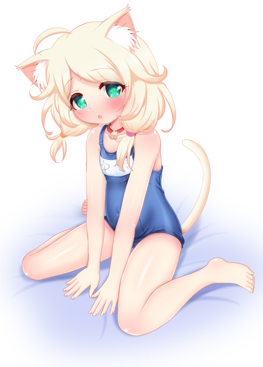 1girl ahoge animal_ear_fluff animal_ears barefoot bell blonde_hair blue_swimsuit blush cat_ears cat_girl cat_tail collar covered_navel feet green_eyes highres hosizora_mikoto idolmaster idolmaster_cinderella_girls jingle_bell legs long_hair name_tag old_school_swimsuit one-piece_swimsuit open_mouth school_swimsuit simple_background sitting solo swimsuit tail thighs toes twintails white_background yusa_kozue