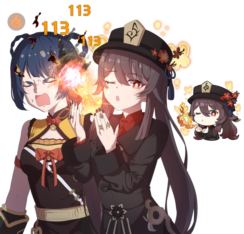 2girls artist_request black_nails blue_hair brown_hair chinese_clothes closed_eyes coat eyebrows_visible_through_hair flower genshin_impact hair_ornament hat hayarob highres hu_tao_(genshin_impact) jewelry multiple_girls one_eye_closed open_mouth plum_blossoms porkpie_hat red_eyes reference_inset ring source_request star-shaped_pupils star_(symbol) symbol-shaped_pupils white_background xiangling_(genshin_impact)