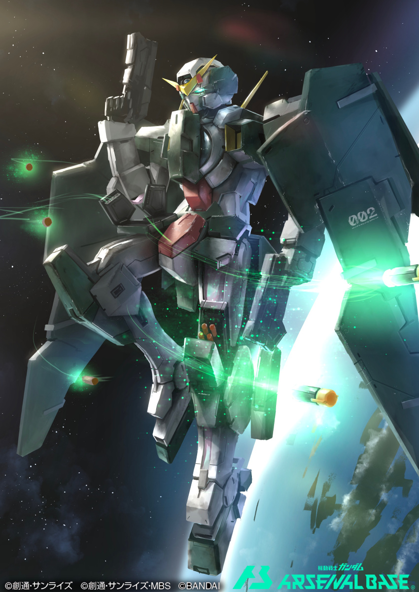 absurdres dual_wielding earth_(planet) floating glowing glowing_eye green_eyes gun gundam gundam_00 gundam_arsenal_base gundam_dynames highres holding holding_gun holding_weapon mecha missile no_humans planet science_fiction solo space takuan_(a_mood_home) v-fin weapon