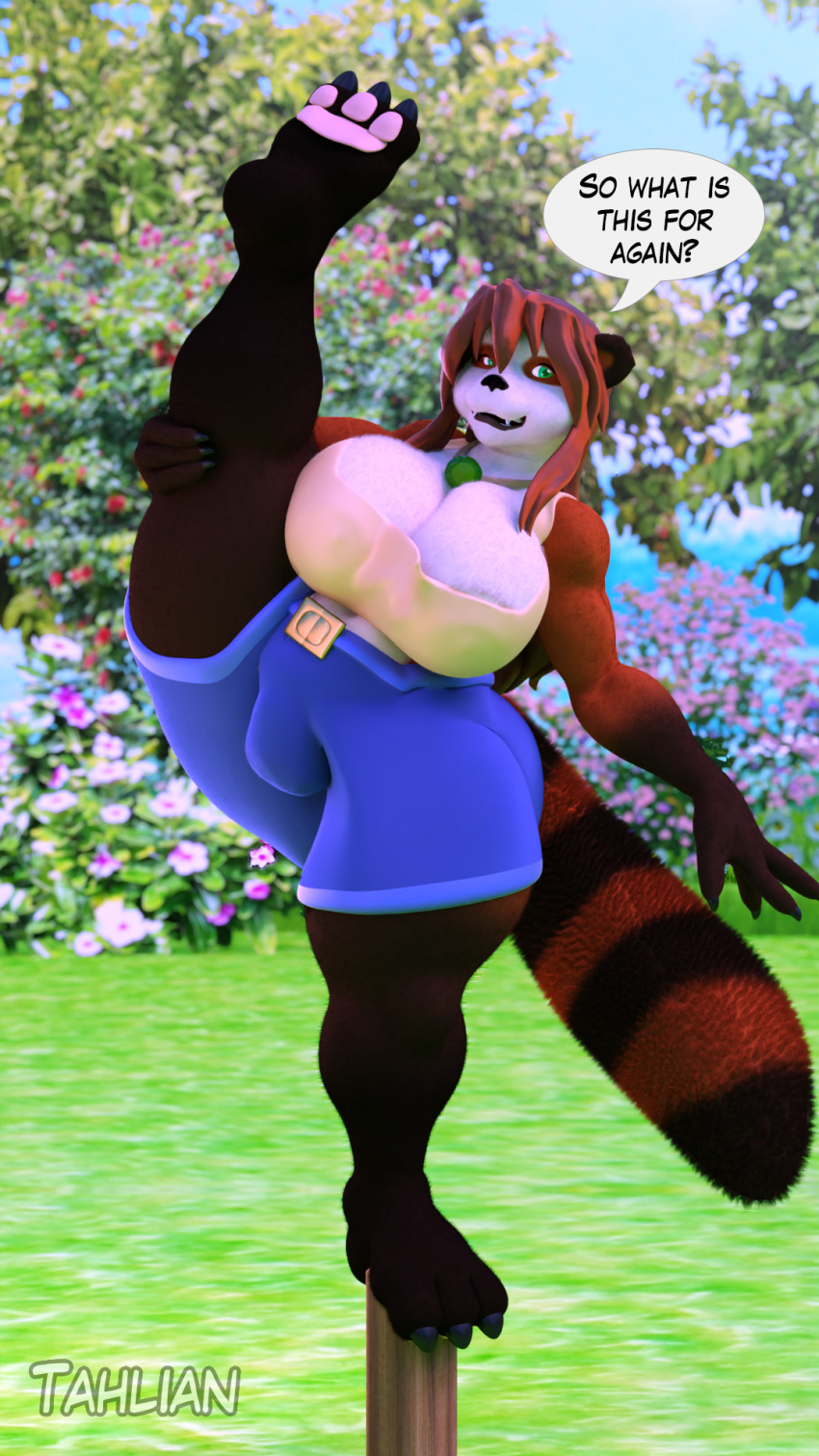 2020 3d_(artwork) anthro artist_name barefoot big_breasts blender_(software) blizzard_entertainment bottomwear breasts brown_body brown_fur claws cleavage clothed clothing crop_top curvy_figure detailed_background dialogue digital_media_(artwork) english_text fangs feet female fingers fluffy fluffy_tail fur green_eyes hair hi_res hourglass_figure huge_breasts jewelry kimiko_(tahlian) long_tail mammal multicolored_body multicolored_fur necklace on_one_leg one_leg_up outside pandaren pawpads raised_leg red_body red_fur red_hair red_pandaren shirt shorts smile solo standing tahlian text thick_thighs toes topwear ursid video_games voluptuous warcraft watermark white_body white_fur wide_hips