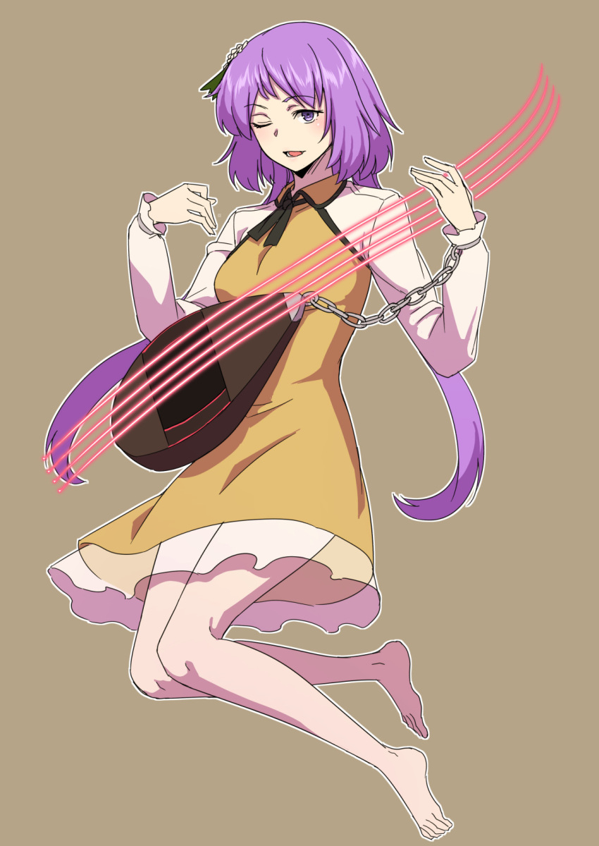 1girl barefoot biwa_lute brown_background chain dress eyebrows_visible_through_hair flower full_body hair_flower hair_ornament highres holding holding_instrument instrument kakone long_hair long_sleeves looking_at_viewer lute_(instrument) one-hour_drawing_challenge one_eye_closed open_mouth purple_eyes purple_hair simple_background solo touhou tsukumo_benben yellow_dress