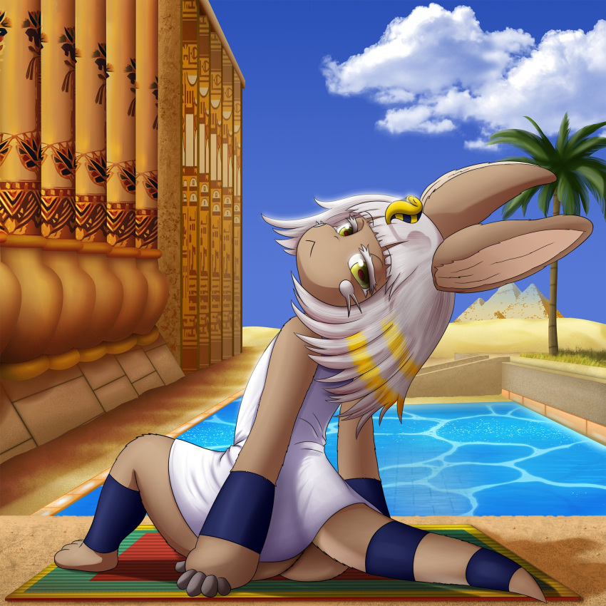 1other ambiguous_gender animal_ears ankha_(animal_crossing) ankha_(animal_crossing)_(cosplay) bangs bob_cut cloud cosplay egypt egyptian egyptian_art furry hair_ornament highres horizontal_pupils looking_at_viewer looking_back made_in_abyss nanachi_(made_in_abyss) other_focus outdoors palm_tree pillar pyramid rabbit_ears sitting sky smugbuns snake_hair_ornament tail tree water whiskers white_hair yellow_eyes