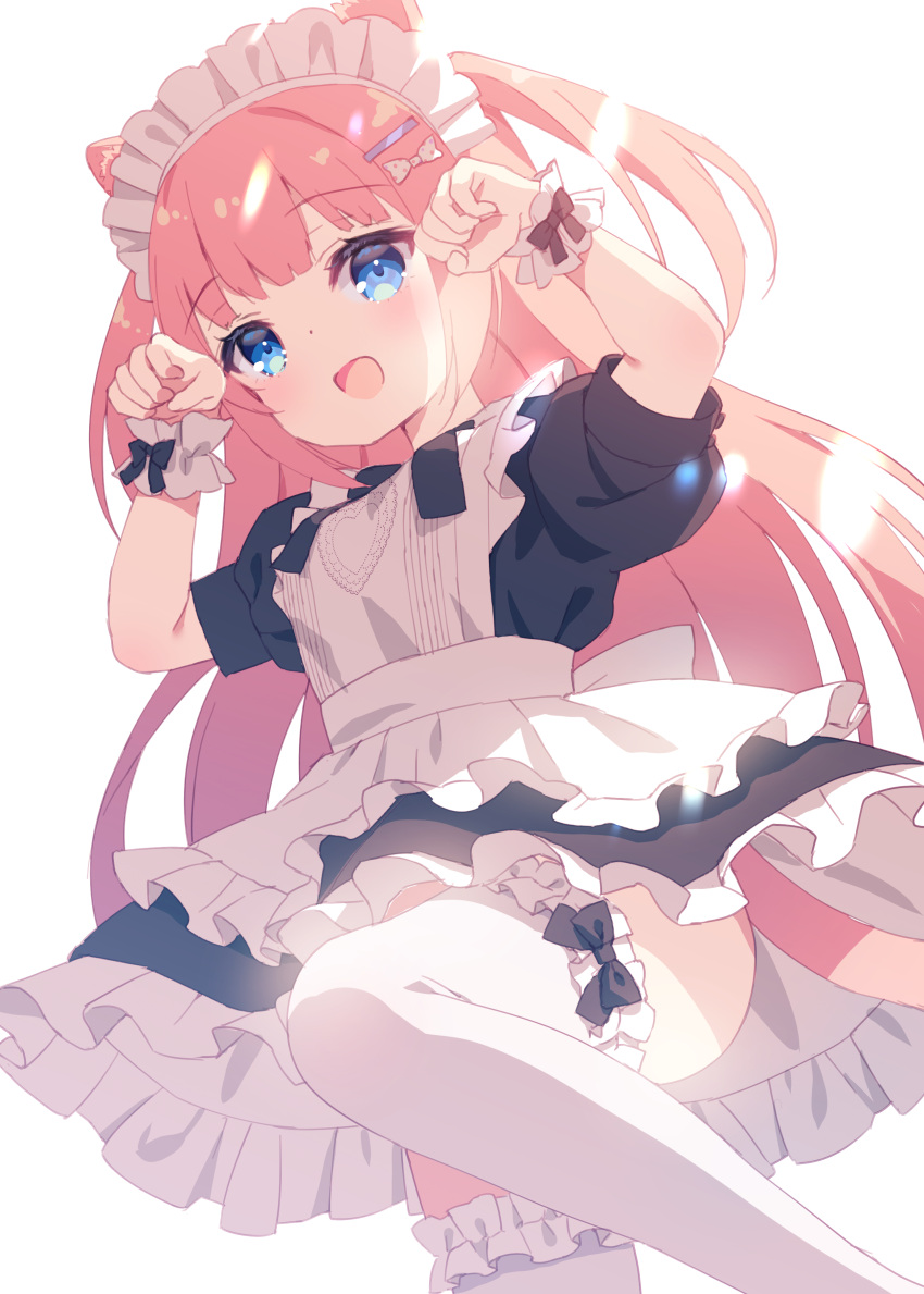 1girl :d absurdres animal_ears apron bangs black_dress blue_eyes blush bow cat_ears cat_girl cat_tail chitosezaka_suzu commentary_request commission dress eyebrows_visible_through_hair frilled_apron frilled_legwear frills hair_bow hair_ornament hairclip hands_up highres long_hair maid maid_apron maid_headdress original pink_hair polka_dot polka_dot_bow puffy_short_sleeves puffy_sleeves short_sleeves simple_background skeb_commission smile solo standing standing_on_one_leg tail thighhighs two_side_up very_long_hair white_apron white_background white_legwear wrist_cuffs
