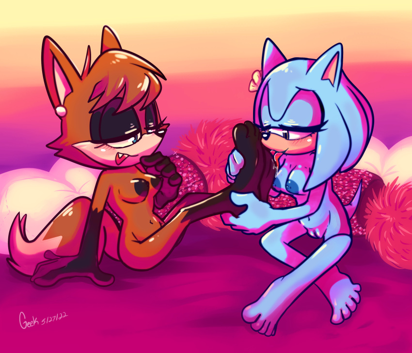 absurd_res anthro canid canine colorful duo eulipotyphlan fan_character female female/female foot_fetish foot_lick foot_play fox geek_illustrations hedgehog hi_res honeydew_(artist) invalid_tag licking lilac_reindeer mammal raised_foot tongue tongue_out