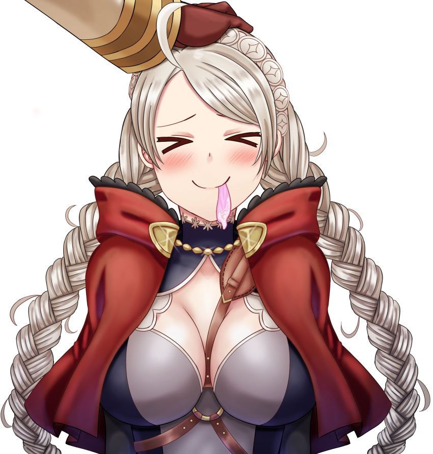 1boy 1girl ahoge bangs braid breasts capelet chest_harness cleavage closed_eyes closed_mouth commission commissioner_upload condom cum drinking_from_condom fire_emblem fire_emblem_fates fire_emblem_heroes gloves hairband harness headpat highres hood hooded_capelet kiran_(fire_emblem) leather leather_gloves leather_strap long_hair nina_(fire_emblem) non-web_source saikunartworks smile twin_braids upper_body used_condom
