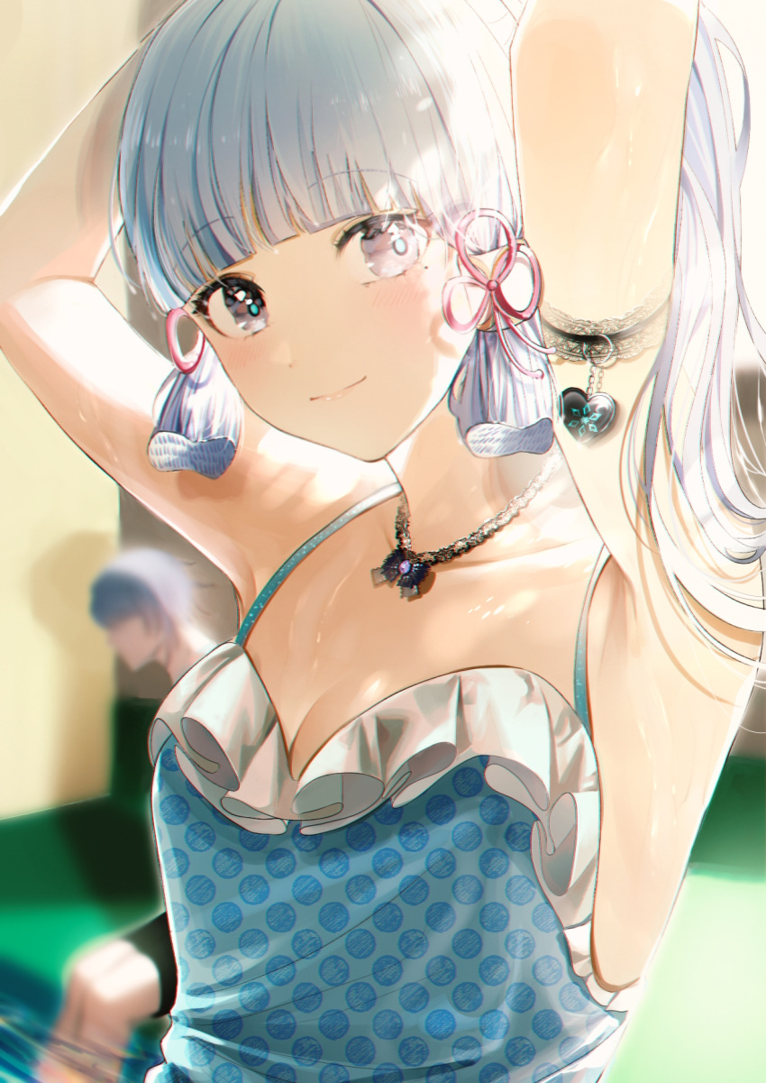 1boy 1girl armlet armpits arms_up bangs blue_hair blue_swimsuit blunt_bangs blush breasts bright_pupils brother_and_sister casual_one-piece_swimsuit cleavage closed_mouth collarbone eyebrows_visible_through_hair frilled_swimsuit frills genshin_impact hair_ribbon heart highres indoors isobe47 jewelry kamisato_ayaka kamisato_ayato long_hair looking_at_viewer mole mole_under_eye necklace one-piece_swimsuit polka_dot polka_dot_swimsuit pool purple_eyes red_ribbon ribbon siblings sidelocks small_breasts smile soaking_feet swimsuit upper_body