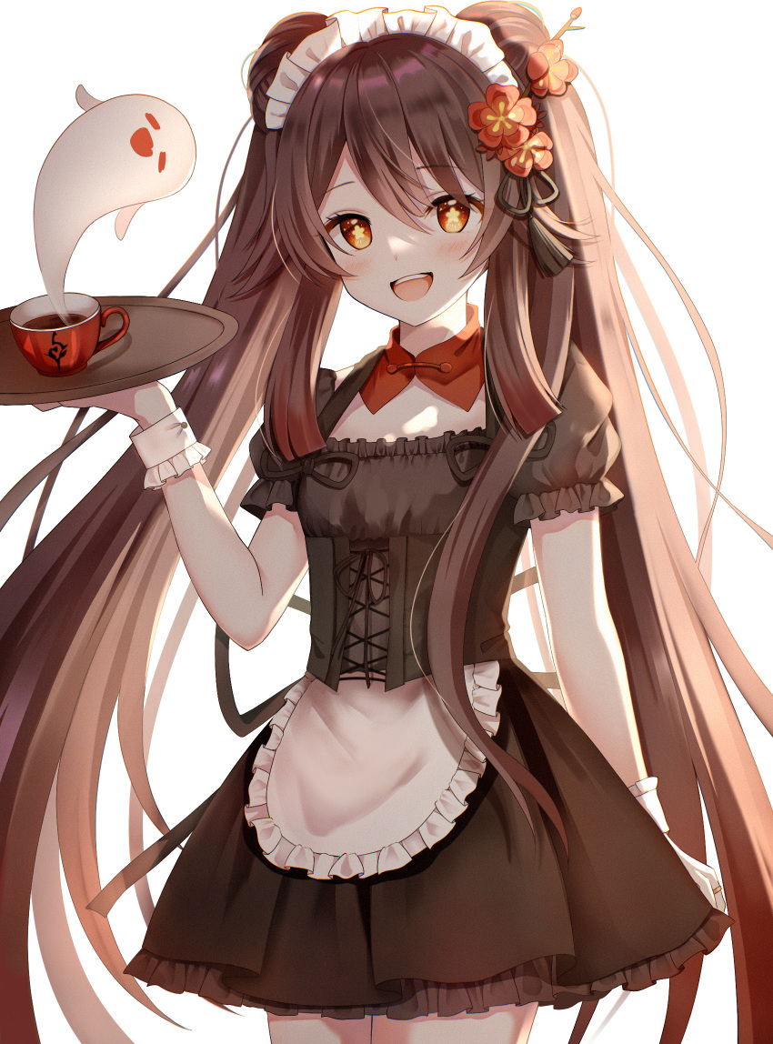 1girl bangs black_dress blush breasts brown_hair commentary_request dress genshin_impact ghost highres hu_tao_(genshin_impact) long_hair looking_at_viewer nasii noise open_mouth puffy_short_sleeves puffy_sleeves red_eyes revision short_sleeves small_breasts smile solo symbol-shaped_pupils thighs tray twintails very_long_hair
