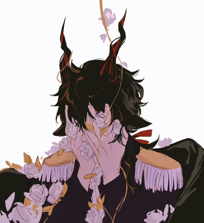 1boy absurdres arknights black_hair black_jacket ebenholz_(arknights) epaulettes flower goat_horns highres horns jacket long_sleeves male_focus rose simple_background solo upper_body white_background white_flower white_rose yunluo