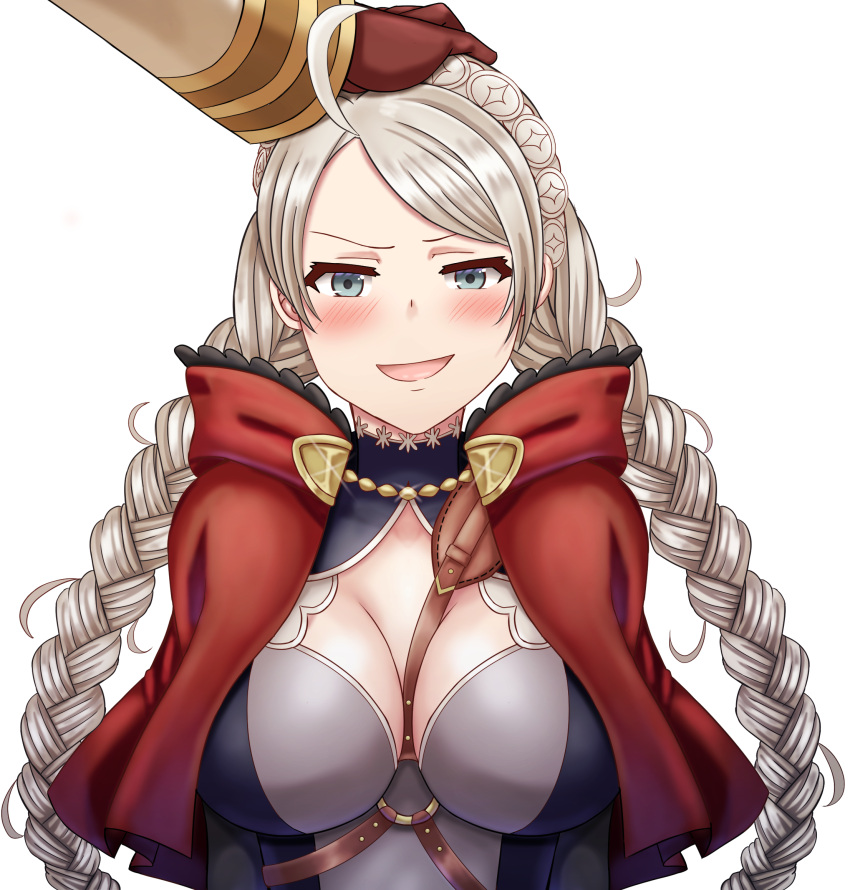 1boy 1girl ahoge bangs braid breasts capelet chest_harness cleavage closed_eyes commission commissioner_upload fire_emblem fire_emblem_fates fire_emblem_heroes gloves hairband harness headpat highres hood hooded_capelet kiran_(fire_emblem) leather leather_gloves leather_strap long_hair nina_(fire_emblem) non-web_source open_mouth saikunartworks smile smug twin_braids upper_body