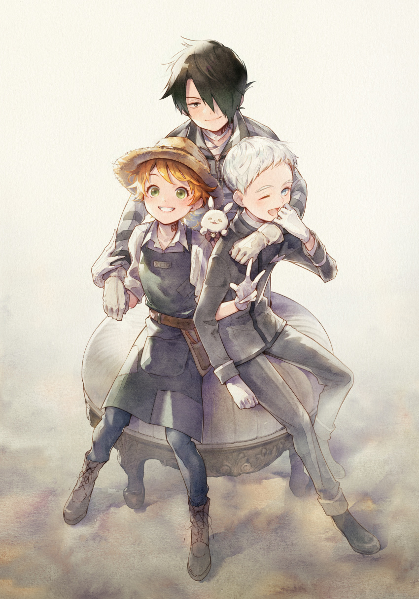 1girl 2boys ;d absurdres arm_around_neck awarin black_hair blonde_hair blue_eyes brown_eyes brown_footwear closed_mouth collared_shirt emma_(yakusoku_no_neverland) from_above full_body gloves green_eyes grey_apron grey_gloves grey_jacket grey_pants grey_shirt grin hair_over_one_eye highres jacket long_sleeves multiple_boys norman_(yakusoku_no_neverland) one_eye_closed pants ray_(yakusoku_no_neverland) shirt short_hair sitting smile striped striped_jacket white_background white_hair wing_collar yakusoku_no_neverland