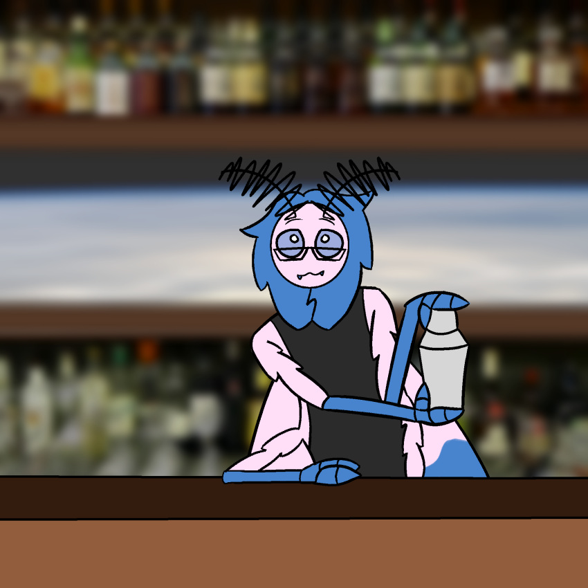 3_fingers 4_arms alcohol alien ambiguous_gender antennae_(anatomy) anthro arthropod bartender beverage blue_hair chesapeake_(artist) clothing eyewear fingers glasses hair hi_res insect lepidopteran moth multi_arm multi_limb solo wings