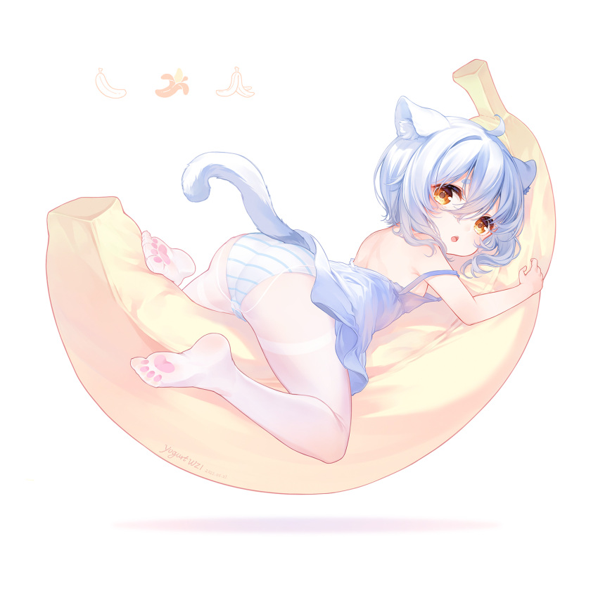 1girl ahoge animal_ear_fluff animal_ears banana bangs blue_dress blue_panties cat_ears cat_girl cat_tail dated dress food fruit full_body hair_between_eyes highres light_blue_hair looking_at_viewer lying medium_hair no_shoes object_hug on_stomach open_mouth orange_eyes original panties panties_under_pantyhose pantyhose paw_print_soles pillow pillow_hug short_dress signature simple_background soles solo spaghetti_strap strap_slip striped striped_panties suaynnai_wanzi tail tail_raised thick_eyebrows underwear upskirt white_background white_legwear white_panties