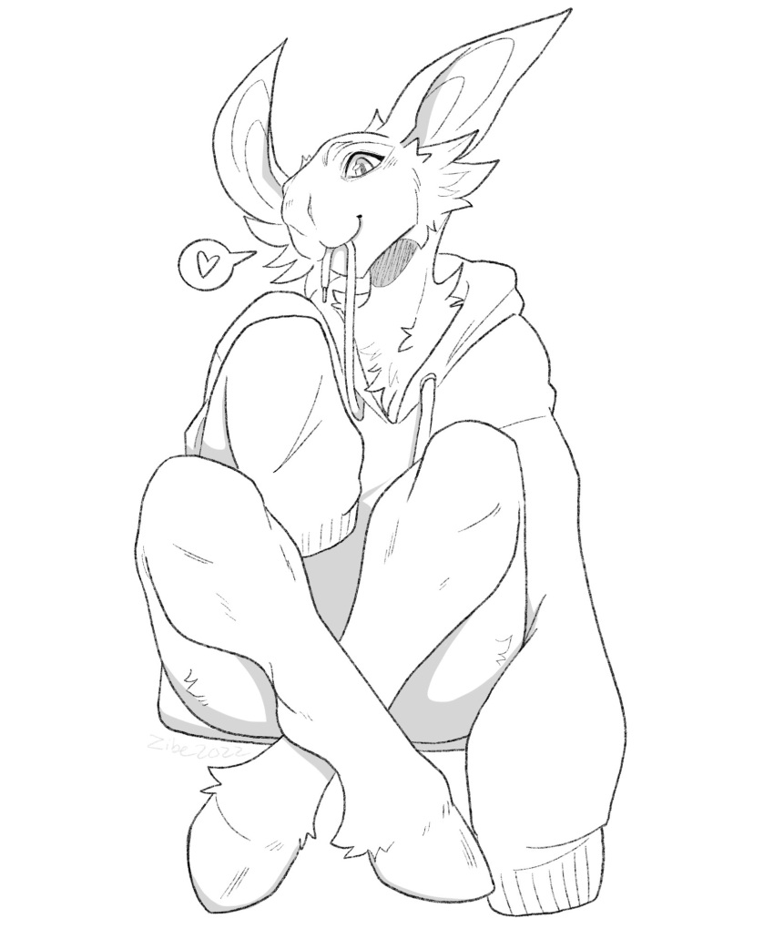 &lt;3 anna_(validheretic) anthro big_ears bottomless cheek_tuft clothed clothing facial_tuft female goblin hi_res hoodie hoodie_only hooves humanoid looking_at_viewer monochrome sitting smile solo topwear topwear_only tuft zibeline