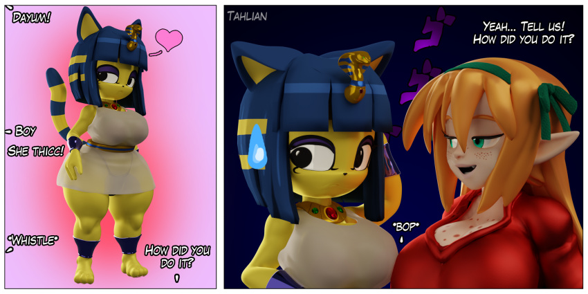 &lt;3 2020 2:1 3d_(artwork) accessory animal_crossing ankha_(animal_crossing) anthro artist_name big_breasts blender_(software) blue_background blue_hair bodily_fluids breasts clothing curvy_figure dialogue digital_media_(artwork) domestic_cat dress duo elf english_text eyelashes eyeshadow feet felicia_(tahlian) felid feline felis female freckles freckles_on_breasts fur hair hair_accessory hair_bow hair_ribbon hi_res hourglass_figure huge_breasts humanoid humanoid_pointy_ears light-skinned_female light_body light_skin long_hair long_tail makeup mammal meme menacing_(meme) nintendo orange_hair panties pink_background ribbons short_stack simple_background simple_eyes small_waist smile standing sweat sweatdrop tahlian teal_eyes text thick_thighs toes translucent translucent_clothing underwear video_games voluptuous watermark wide_hips yellow_body yellow_fur