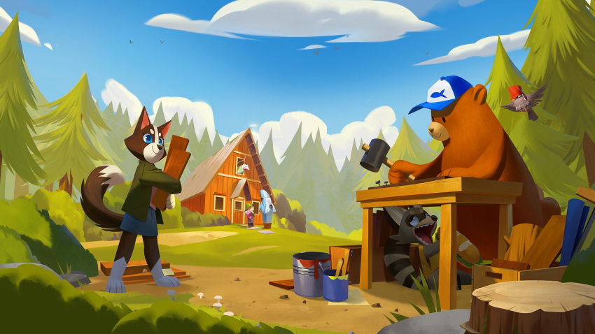 anni_(bear_and_breakfast) anthro avian bear_and_breakfast bguavas blue_eyes brown_body brown_fur canid canine canis clothing detailed_background didelphid domestic_dog eating feral food fur group gus_(bear_and_breakfast) hammer hank_(bear_and_breakfast) hat headgear headwear hi_res human mammal marsupial official_art outside plant procyonid raccoon shirt sitting took_(bear_and_breakfast) tools topwear tree ursid will_(bear_and_breakfast) wood