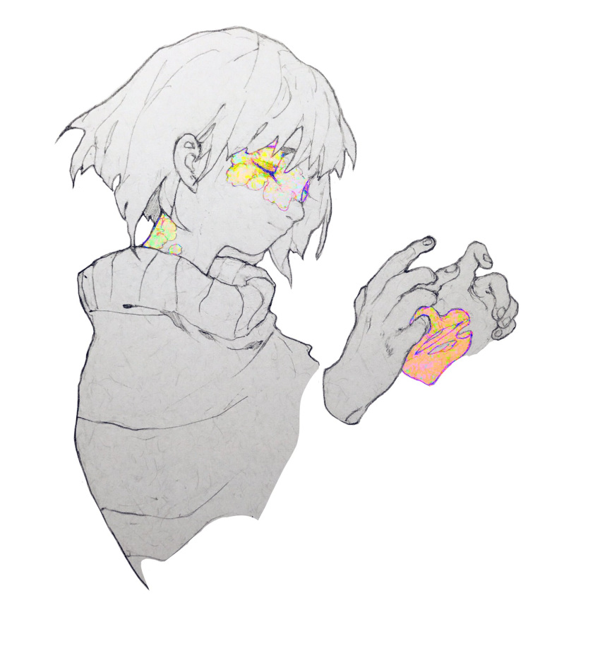 1other bangs bob_cut chara_(undertale) closed_eyes closed_mouth cropped_torso disembodied_limb facial_mark flower hands_up heart highres monochrome short_hair simple_background smile solo spot_color tanyabones29 turtleneck undertale